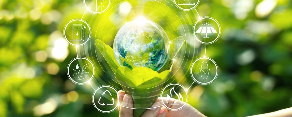 Hand holding light bulb against nature on green leaf with icons energy sources for renewable, sustainable development. Ecology concept. Elements of this image furnished by NASA.